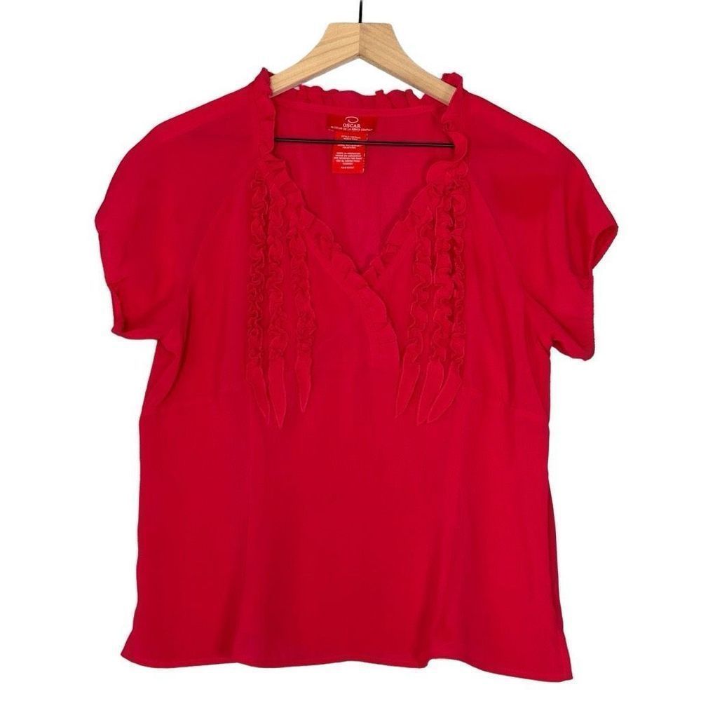 Oscar de la Renta Ruffle Front Raspberry Pink V-Neck Chiffon Top Vintage Size 10